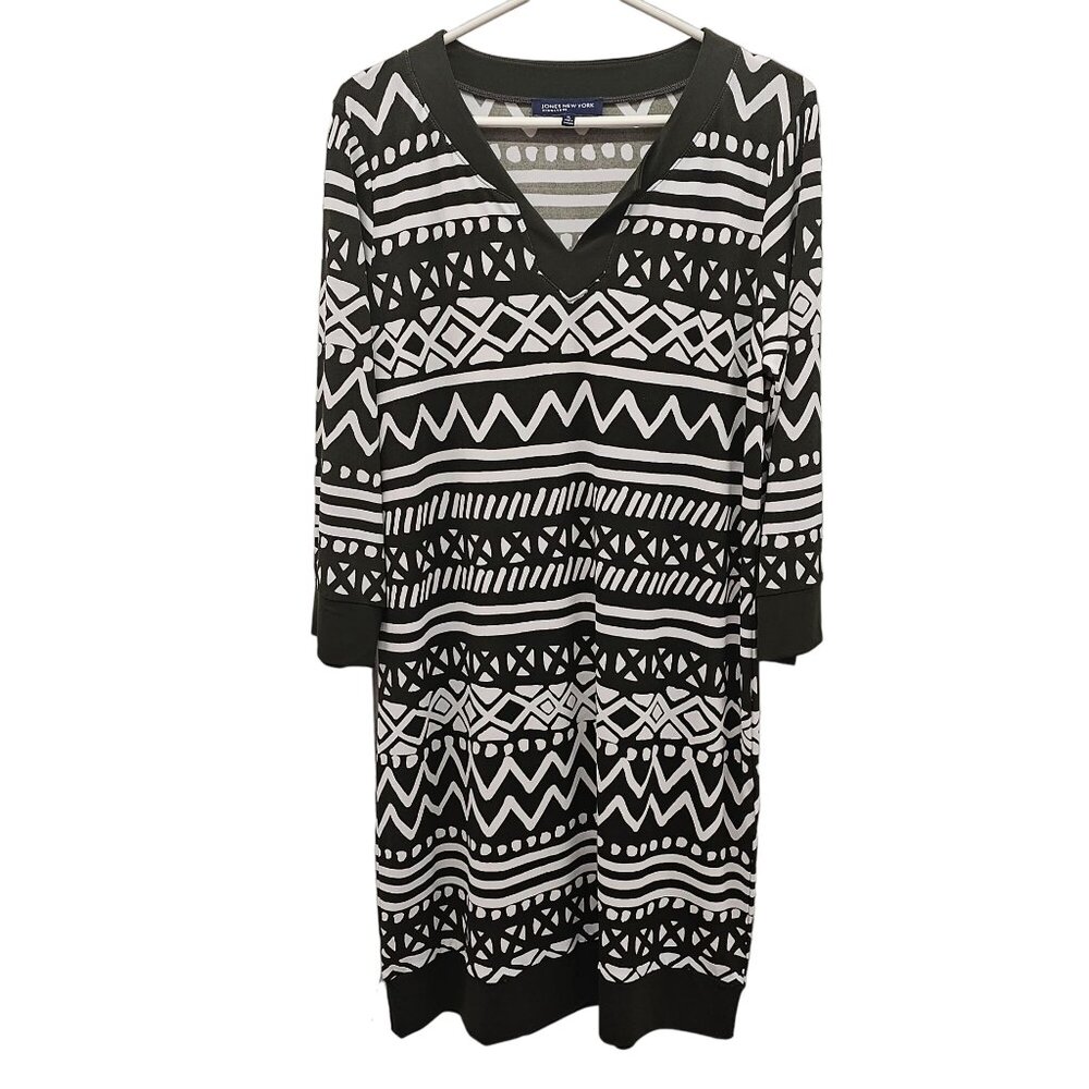 Jones New York Signature Womens V neck Signature 3/4 Sleeve Multi Print Stretchy